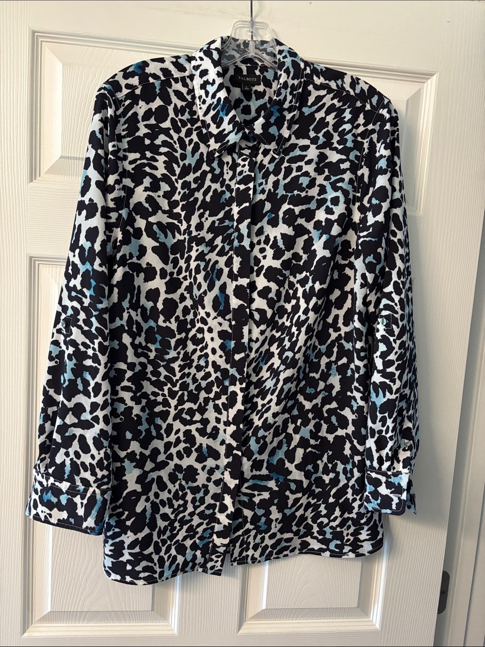 Talbots Black, White & Light Blue Animal-Print Button Down Shirt